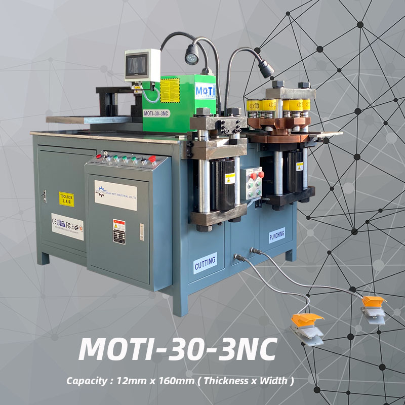 The capacity of MOTI-30-3NC Busbar Machine is 12mm x 160mm with bending punching cutting functions in one machine ( 3 in 1 )